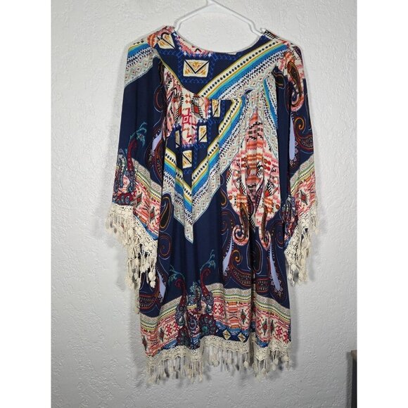 Umgee Paisley Kimono Hippie Chic Duster Open Front Lace Crochet Trim Boho S/M - Picture 6 of 6